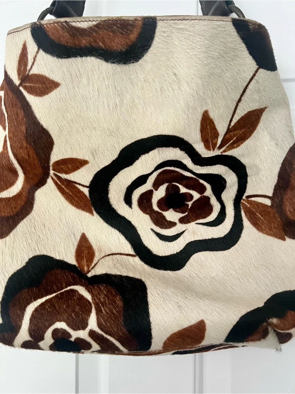 Maurizio Taiuti Cow Hide Cream Tote with Brown and Black Floral Print